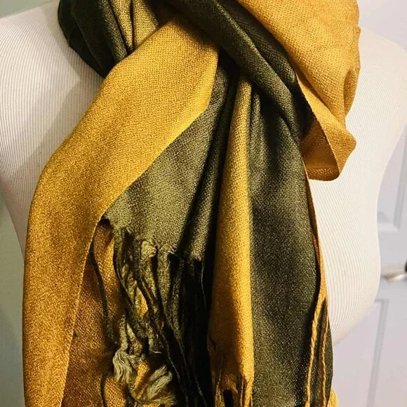 Silk & Pashmina Scarf – Golden Olive Elegance- NWT - Picture 12 of 14